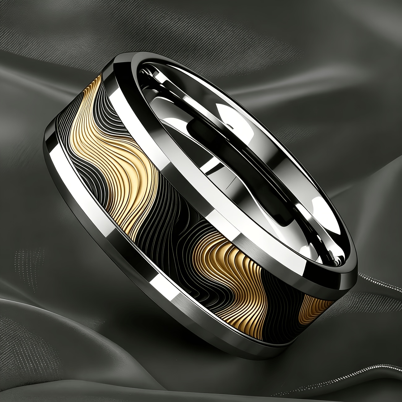 Light Luxury Black Golden Streamlined Stainless Steel Ring